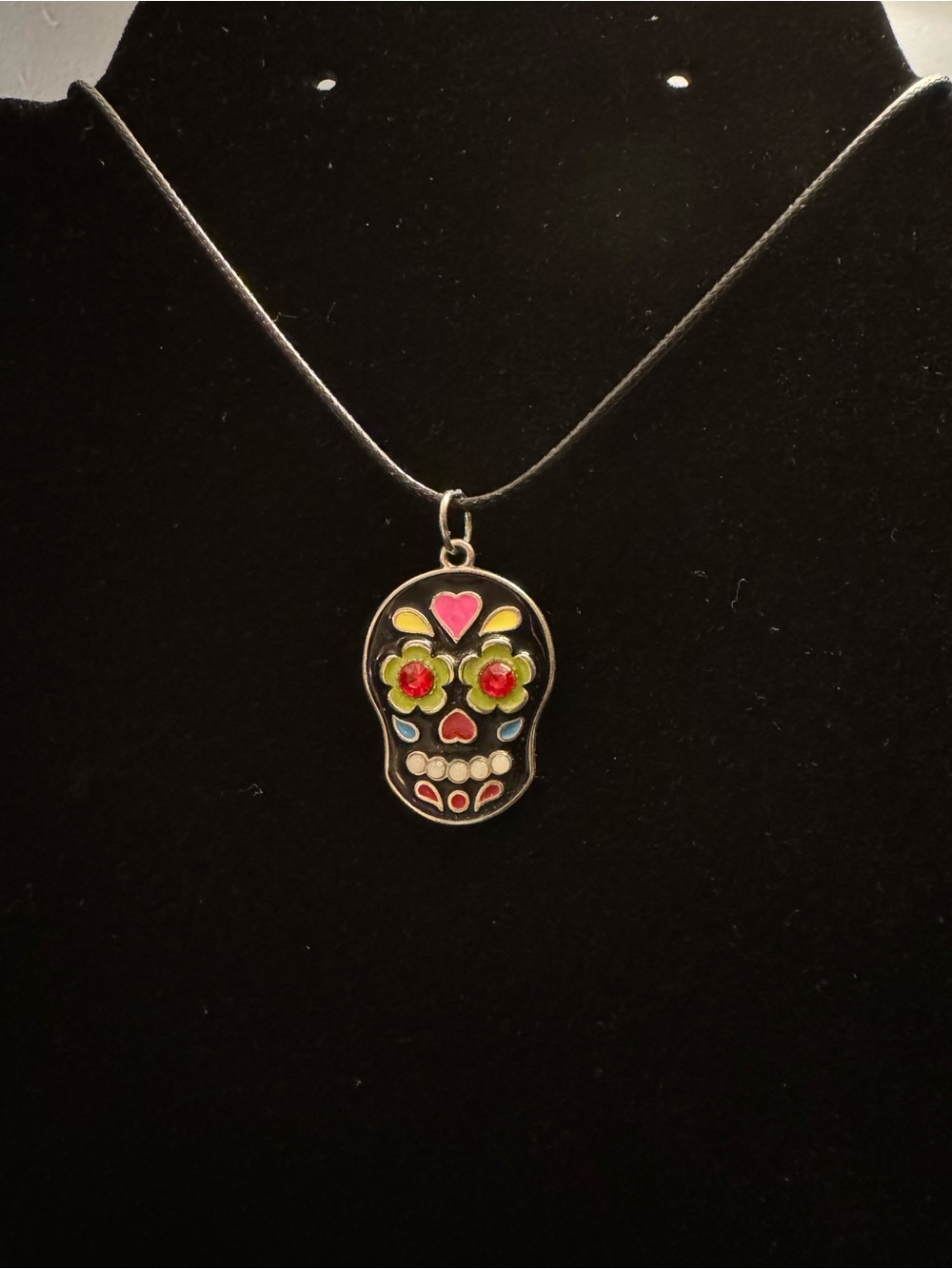 Día de los Muertos Enamel Sugar Skull Pendant Necklace 16”